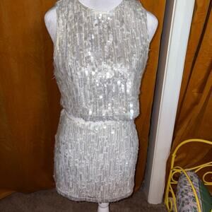 Animari Women’s Small Sequin Crop Top & Mini Skirt Matching Set Silver/Ivory set